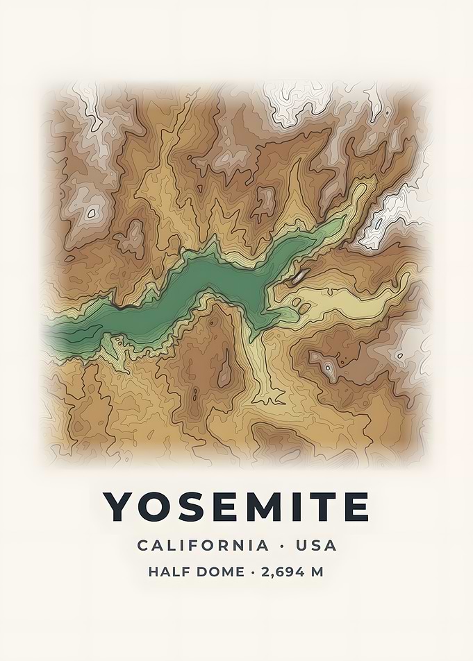 Yosemite Topographic Map Color Relief Poster