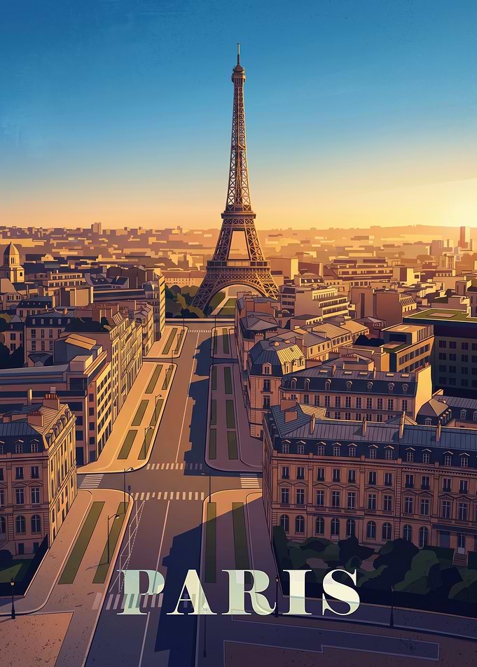 Paris Eiffel Tower Sunset Illustration