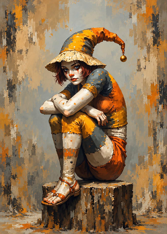 Melancholy Jester Sitting on Stump