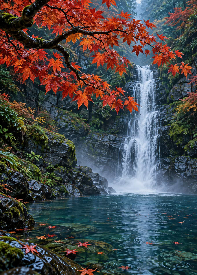 Autumn Waterfall with Red Maple Leaves