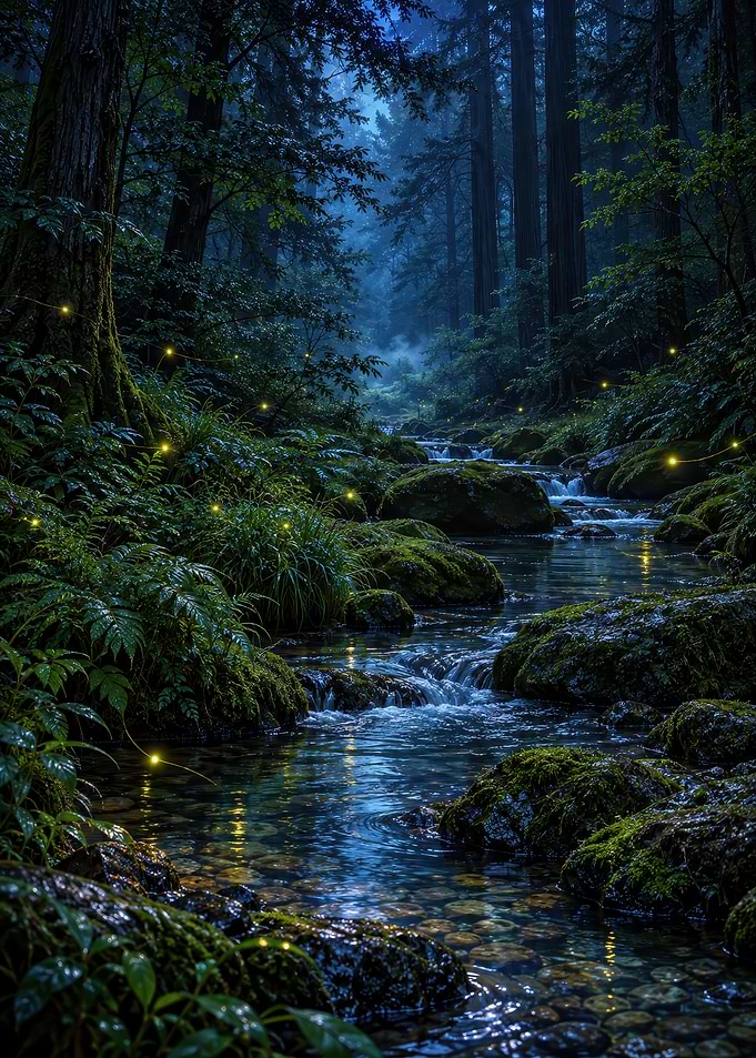 Enchanted Forest Stream with Fireflies