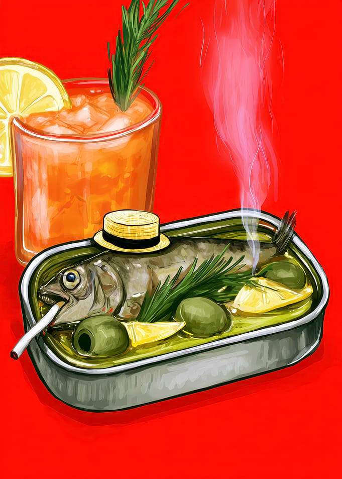 Surreal Sardine and Cocktail Illustration