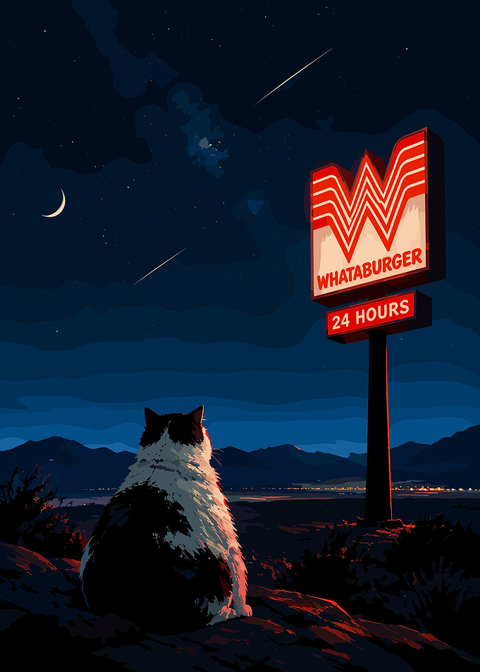Cat Watching Whataburger Sign at Night