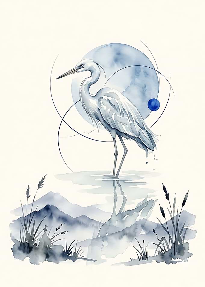Watercolor Heron with Geometric Moon