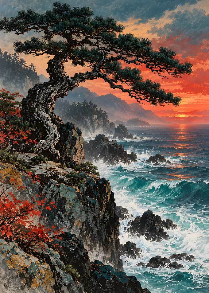 Coastal Pine Tree Sunset Painting