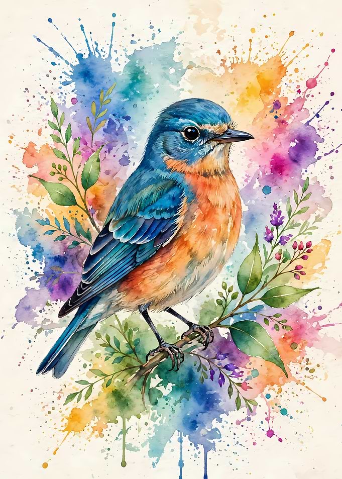 Watercolor Bluebird on Branch