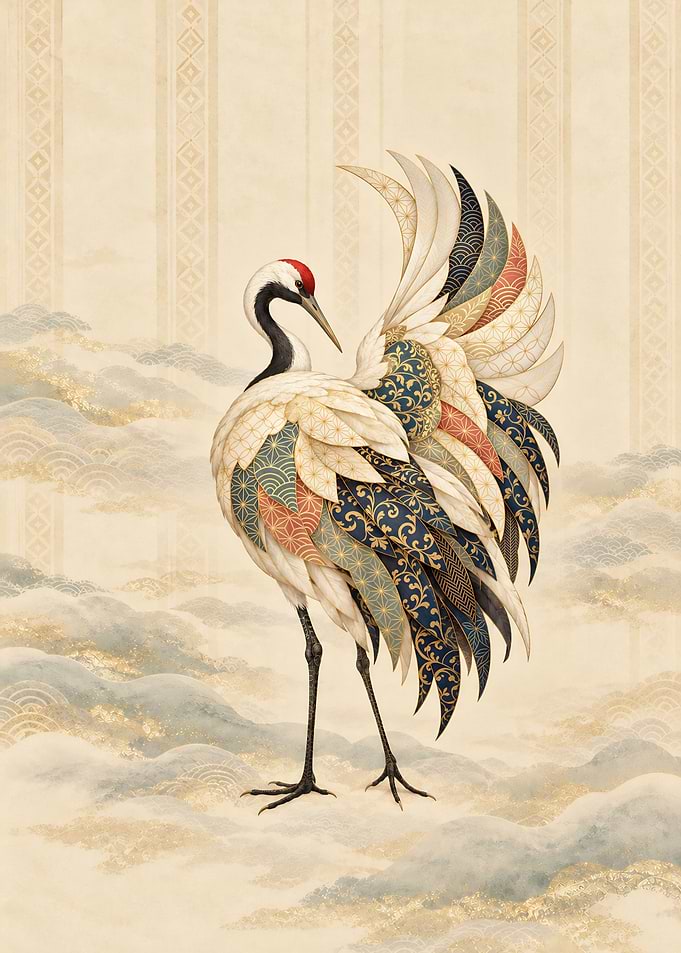 Elegant Japanese Crane with Patterned Feathers