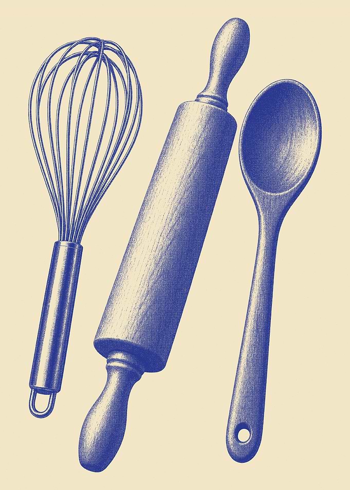 Kitchen Utensils Wall Art – Vintage Blue Engraving Poster
