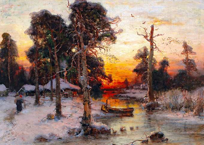 Returning Home at Sunset by Julius von Klever Winter Snow Landscape Painting