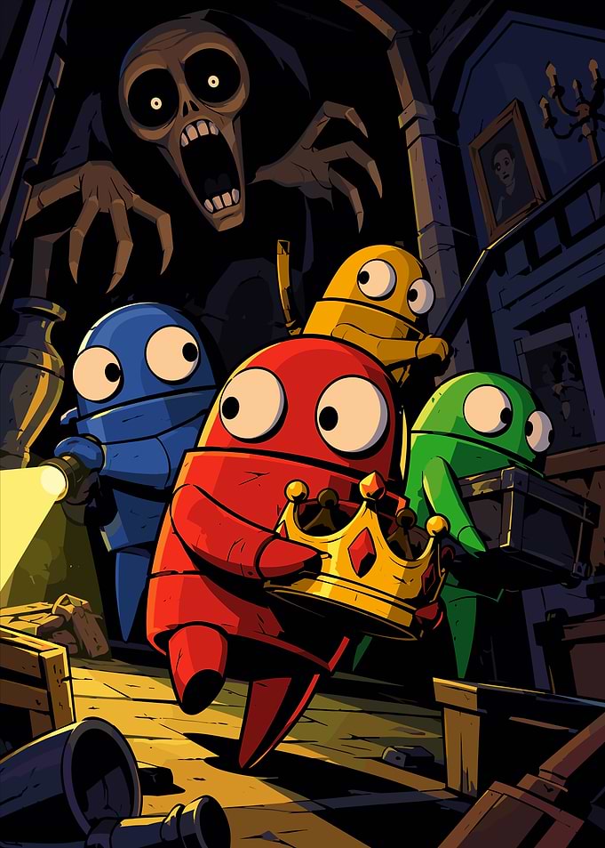 Robots Escaping Haunted Mansion with Crown