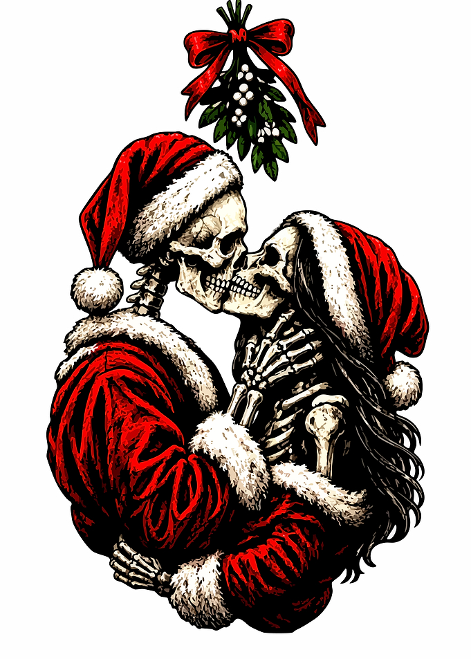 Skeletons Kissing Under Mistletoe Christmas Art