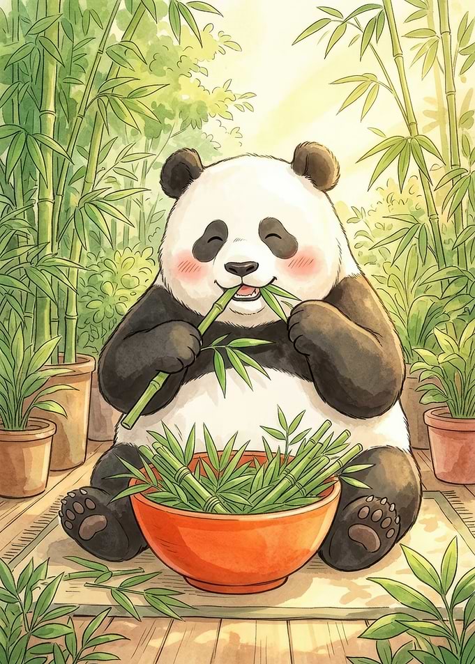 Panda Eats Bamboo on a Terrace