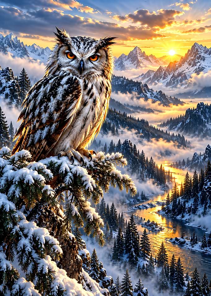 Great Horned Owl in Snowy Mountains