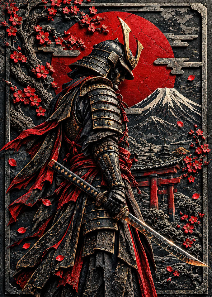 Samurai Warrior with Katana and Mount Fuji