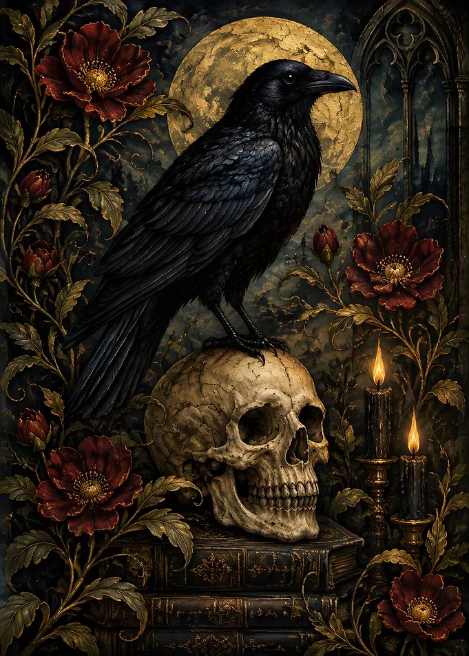 Gothic Raven Perched on Skull