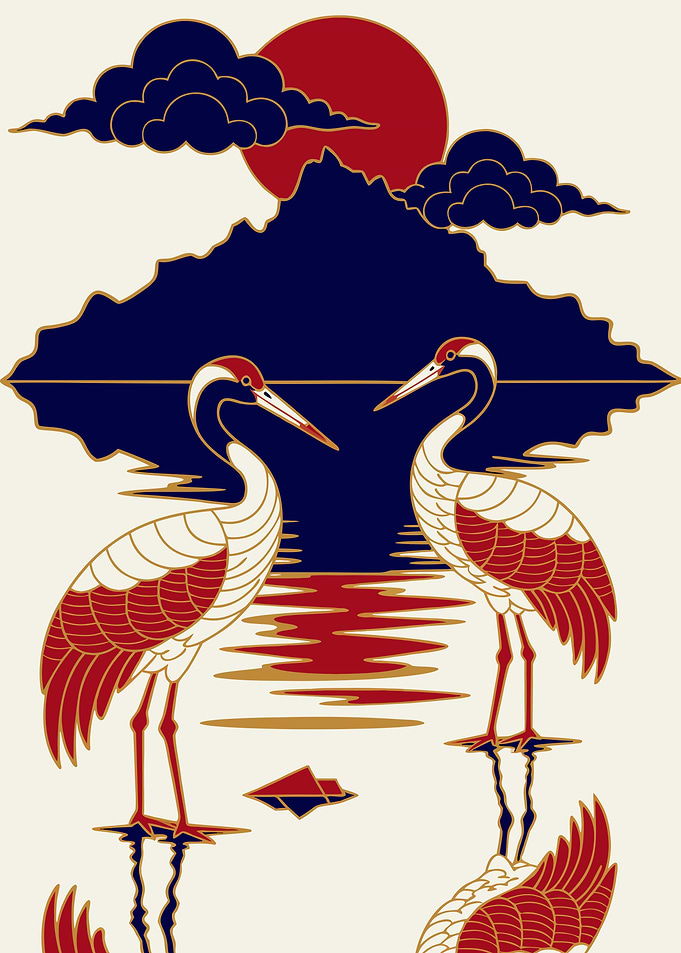 Japanese Cranes Ukiyo-e Metal Poster, No Text