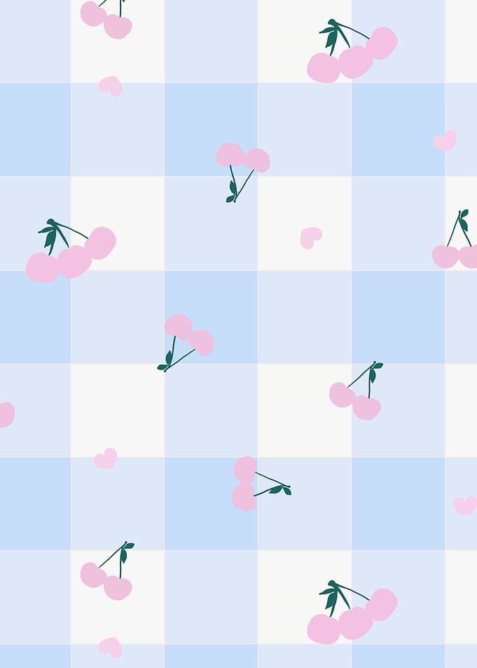 Pastel Blue Gingham Cherry Pattern