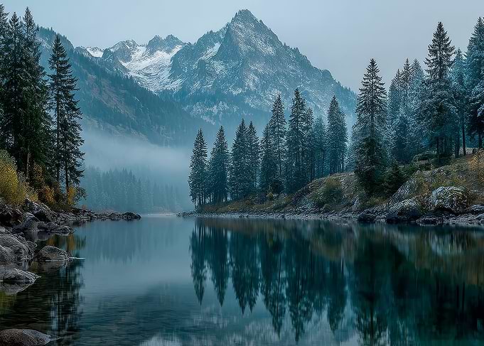 Misty Mountain Lake Landscape