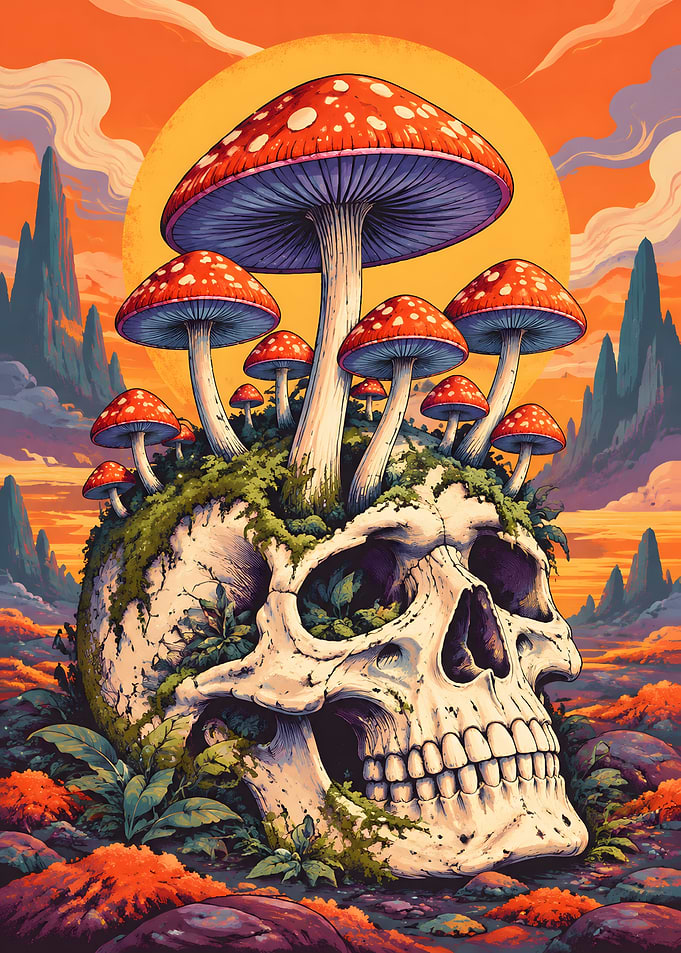 Skull with Mushrooms Fantasy Art