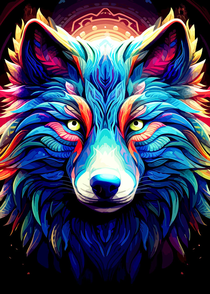 Vibrant Psychedelic Wolf Portrait