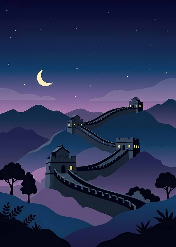 Great Wall of China Night Illustration