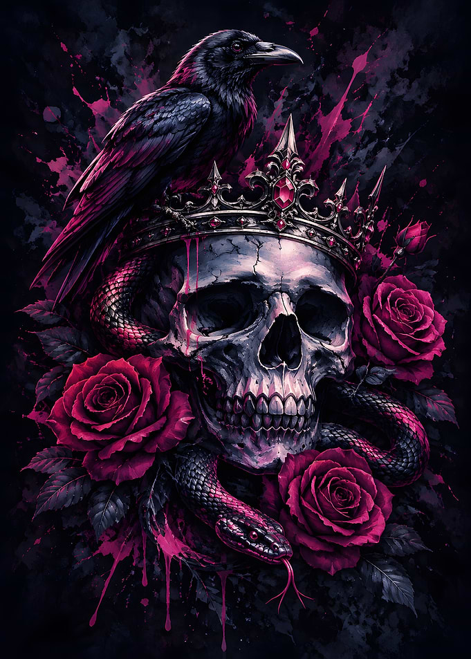 Gothic Skull with Raven and Roses