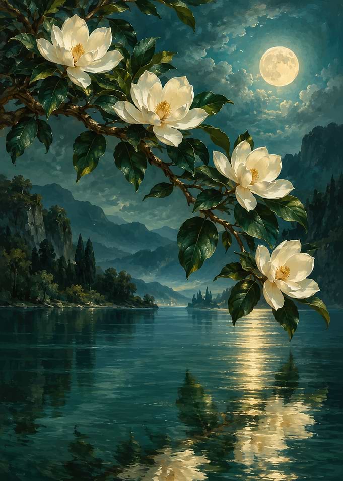 Magnolia Blossoms Under Full Moon