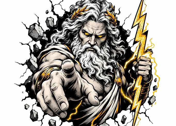 Zeus Pointing with Lightning Bolt