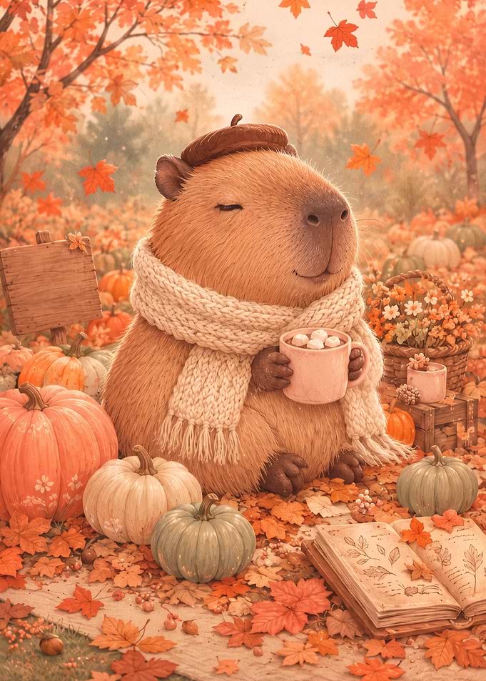 Cozy Capybara in Autumn Pumpkin Patch