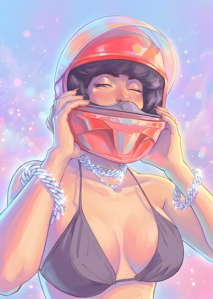 Woman in Red Helmet and Jewelry