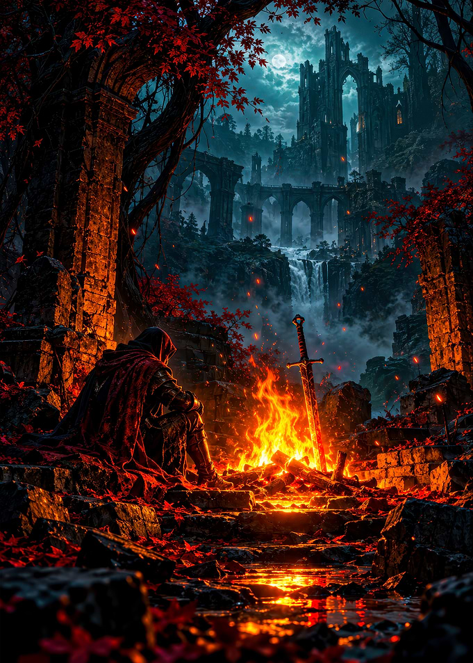 Knight Resting by a Dark Fantasy Bonfire