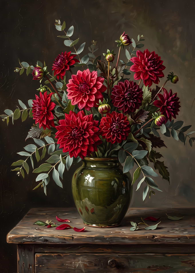 Dark Red Dahlia Floral Still Life