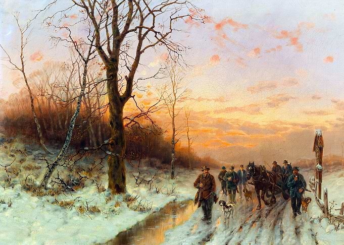 Returning Home from the Hunt at Sunset by Desire Thomassin Winter Snow Landscape Painting