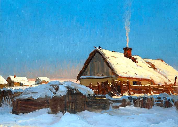 Cottage in the Snow by Michal Gorstkin Winter Landscape Painting