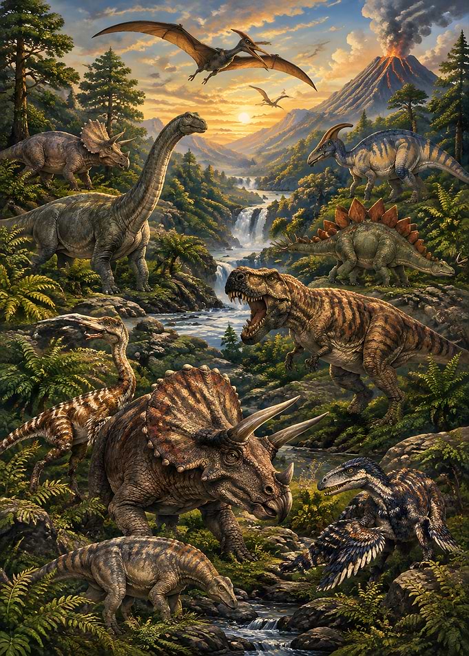 Prehistoric Dinosaur Landscape with Volcano
