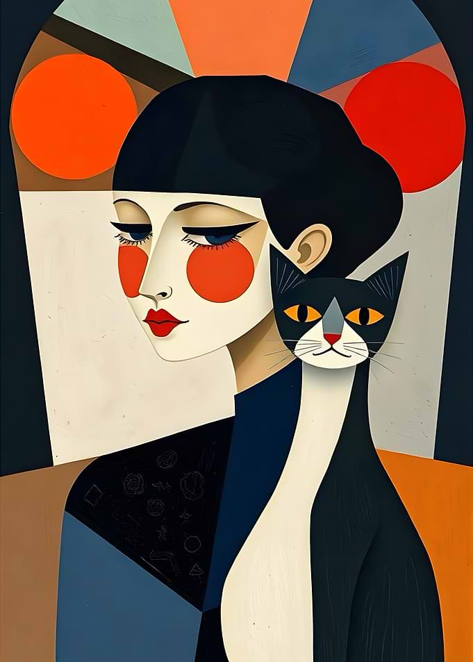 Stylized Woman and Cat Portrait