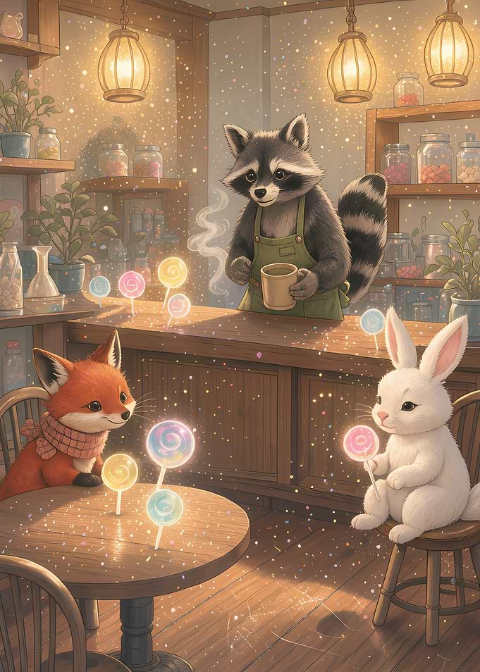 Cozy Animal Cafe with Magical Lollipops
