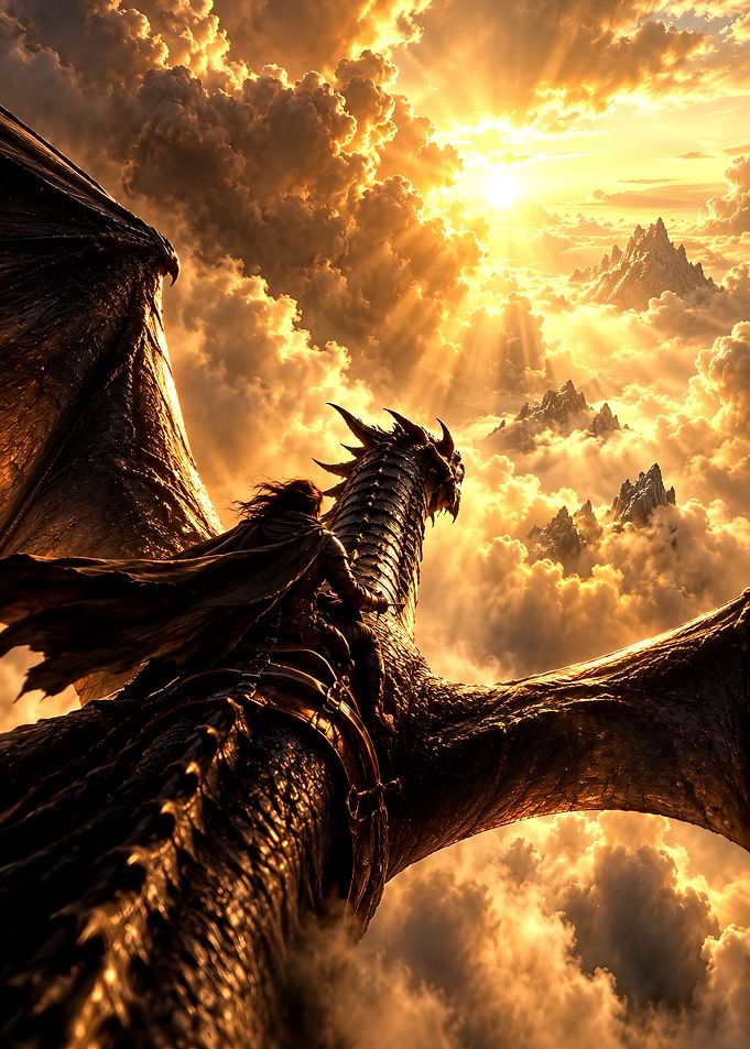 Dragon Rider Soaring Above Clouds