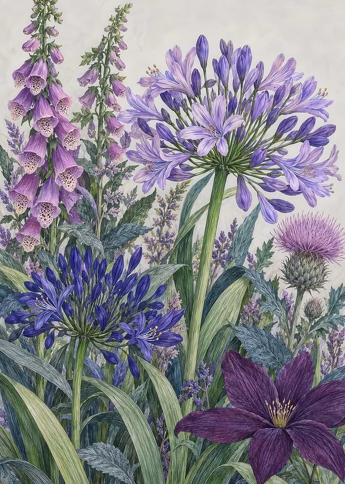 Botanical Illustration of Purple Flowers