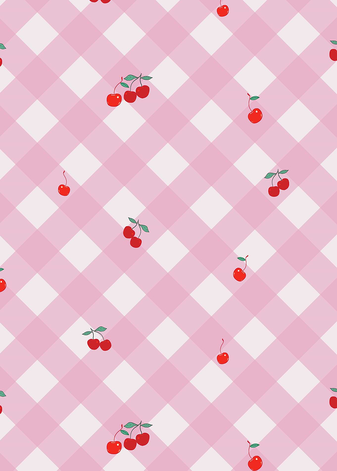 Pink Gingham Cherry Pattern Wallpaper