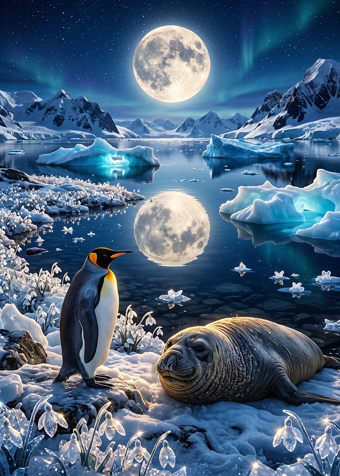 Penguin and Seal Under Full Moon