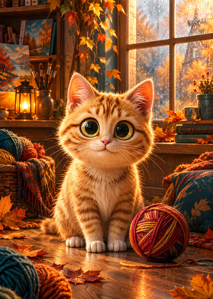 Cute Ginger Kitten in Autumn Room
