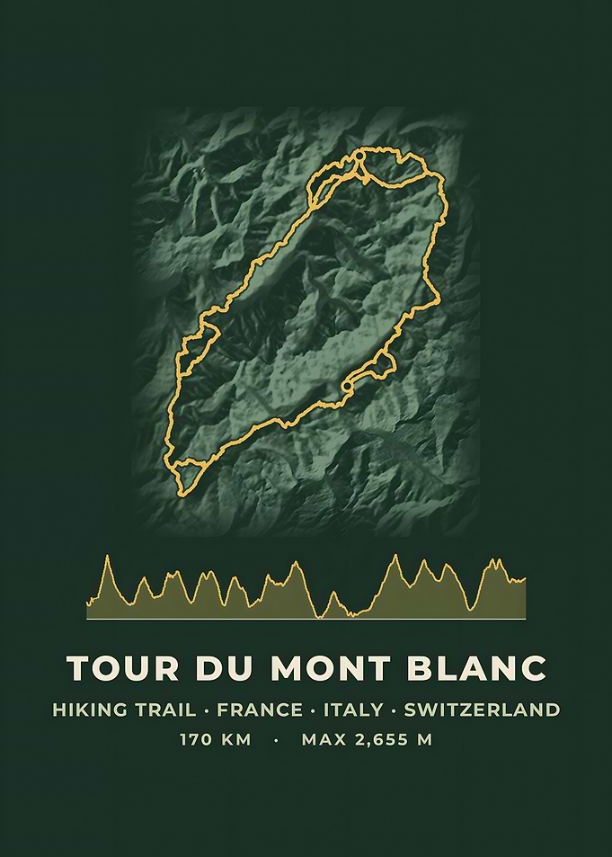 Tour Du Mont Blanc Hiking Trail Map Forest Green Print
