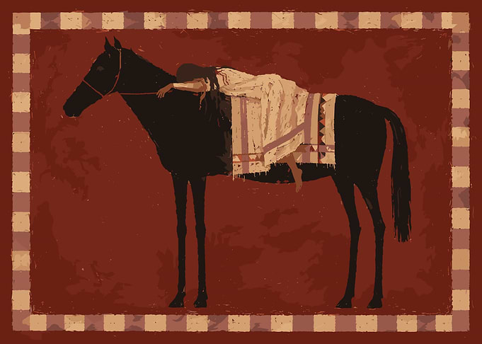 Woman Resting on Horse Illustration