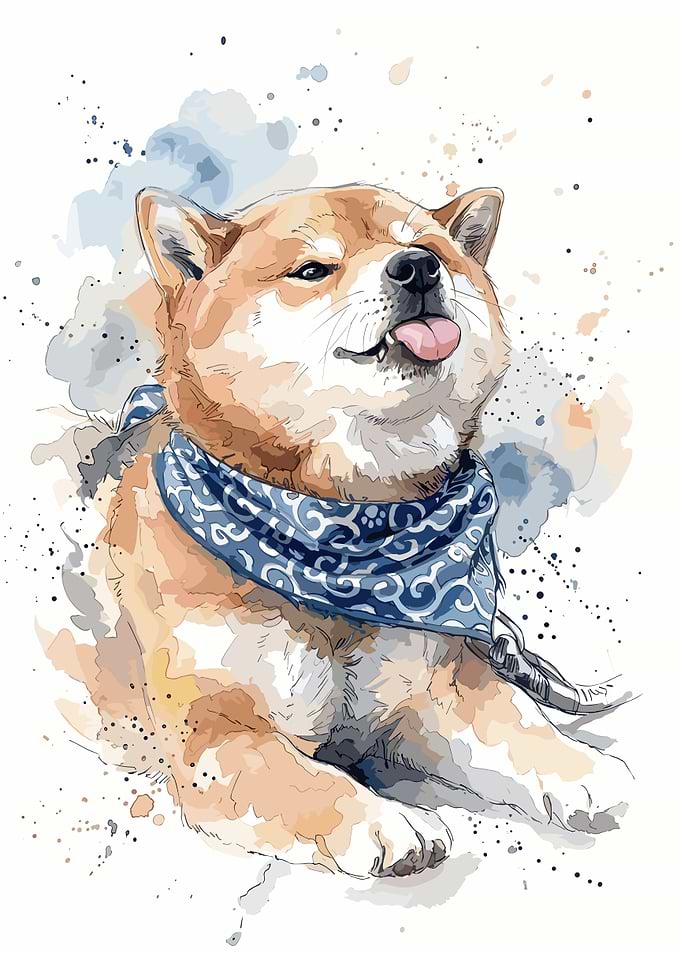 Watercolor Shiba Inu with Blue Bandana