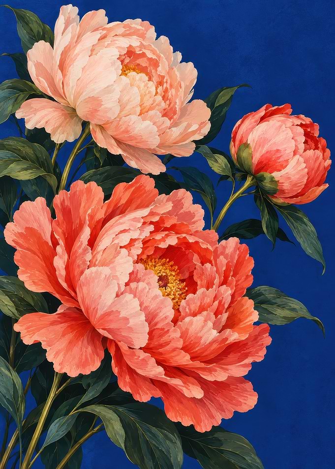 Vibrant Peonies on Deep Blue