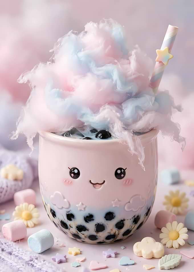 Cute Kawaii Bubble Tea with Cotton Candy