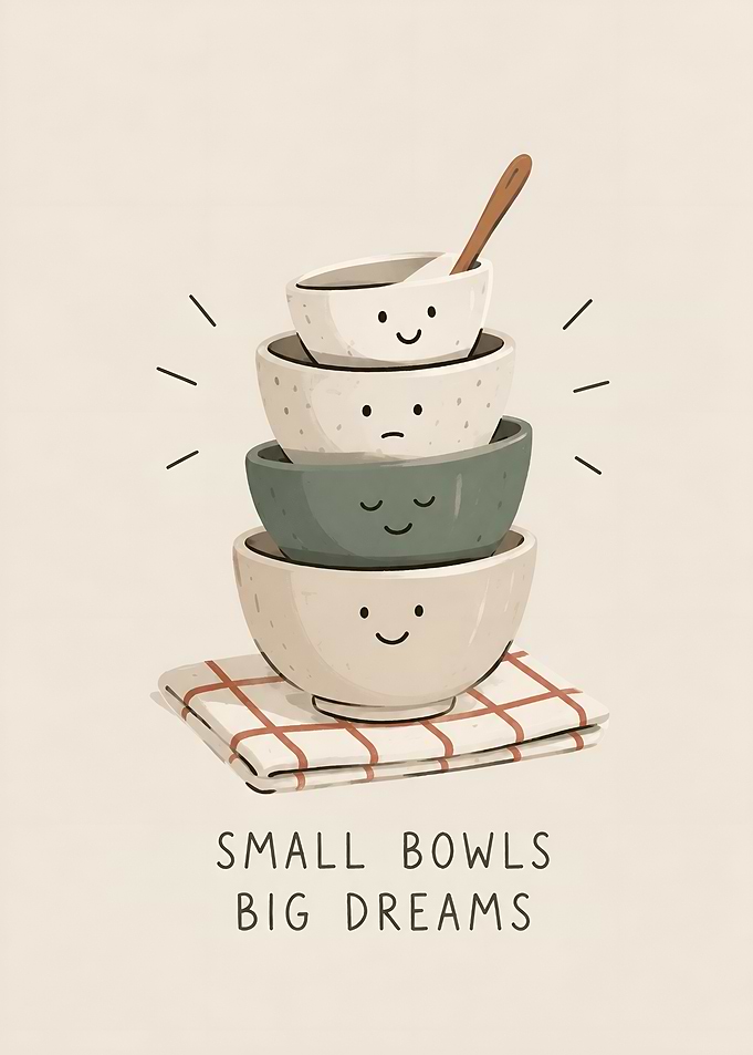 Small Bowls Big Dreams Kitchen Humor Illustration