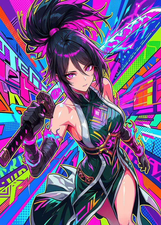 Neon Warrior Girl with katana
