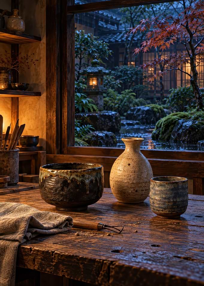 Traditional Japanese Pottery Workshop Scene